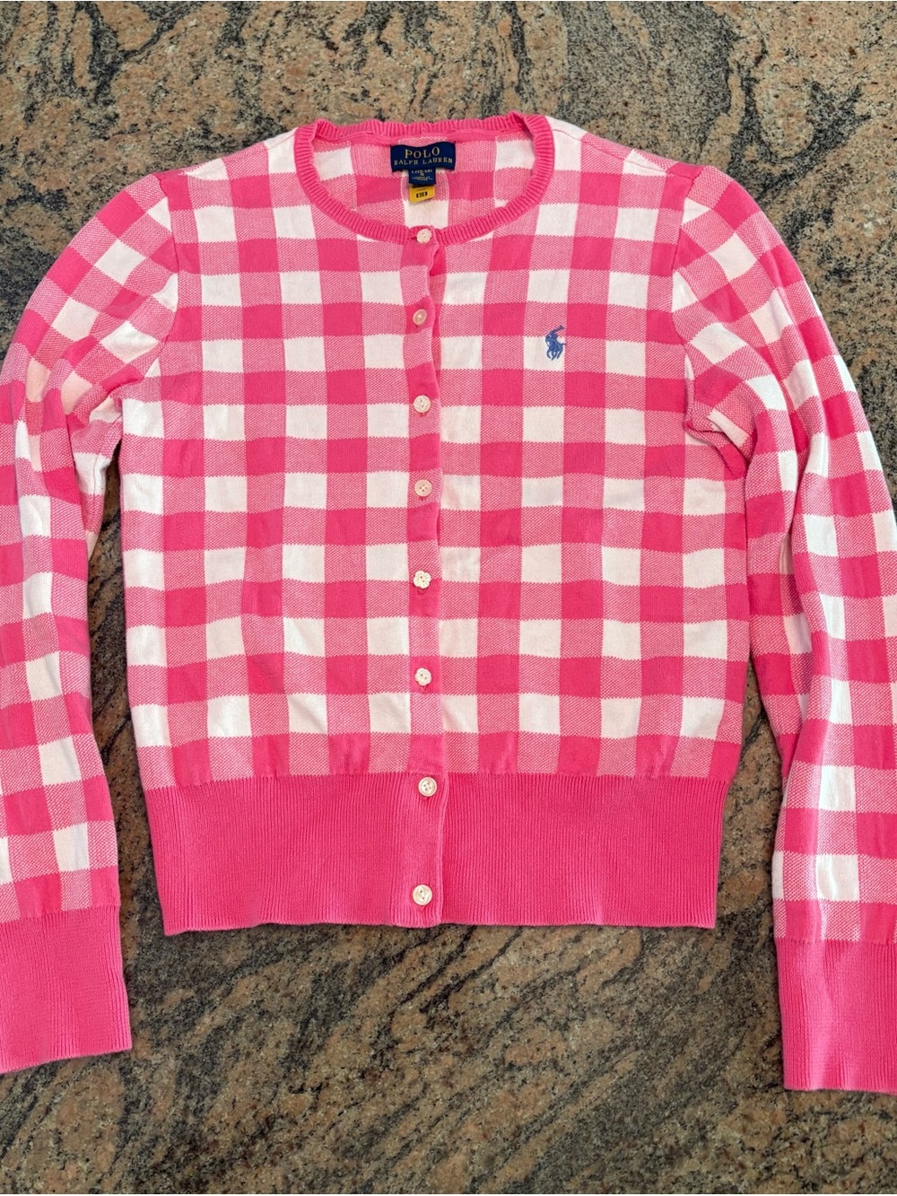 Polo Ralph Lauren Pink and White Gingham Cotton Cardigan, Girls L 12/14